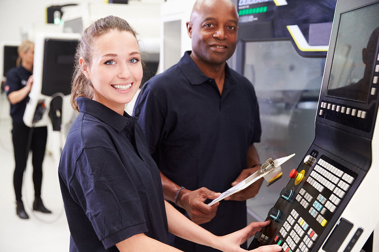 Image of the Rheinmetall RWM UK careers page for the current recruiting campaign, showing a female and male worker in the workshop at a computer screen