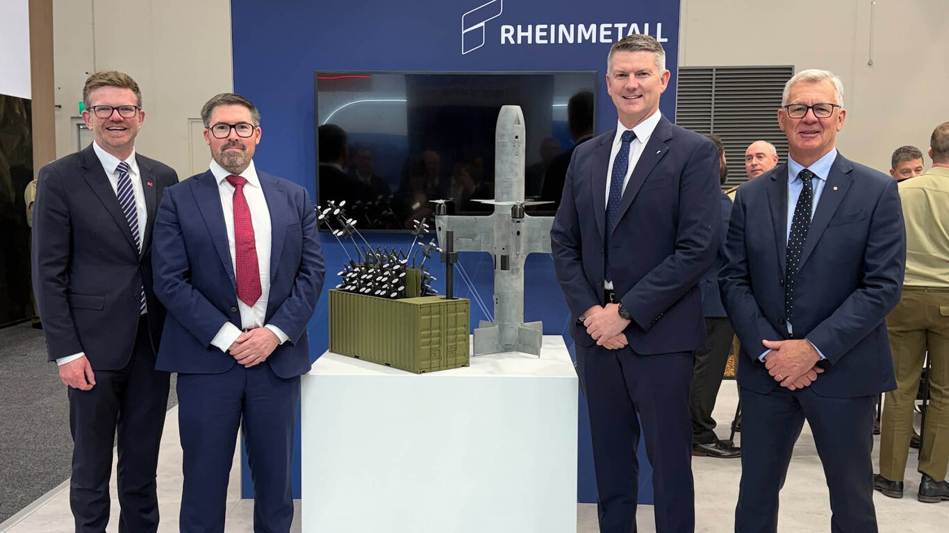 The Hon Chris Picton MP, South Australian Minister for Defence and Space Industries, Brett Hill, CEO Praetorian Aeronautics, Nathan Poyner, MD Rheinmetall Defence Australia, LTGEN Rick Burr (Retd), Chair Defence SA Advisory Board