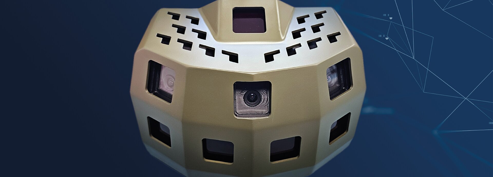 Headerbild for Rheinmetall's Skyblazer wide area sensor, showing a Skyblazer on a blue background