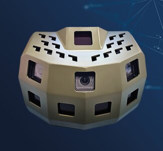 Headerbild for Rheinmetall's Skyblazer wide area sensor, showing a Skyblazer on a blue background