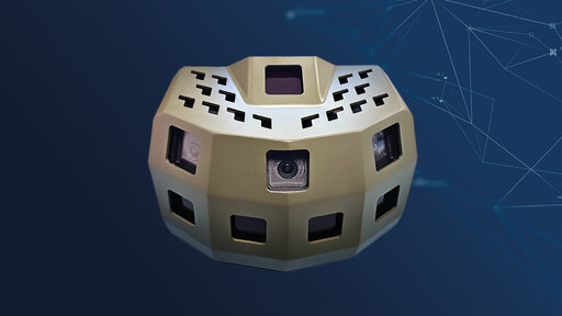 Headerbild for Rheinmetall's Skyblazer wide area sensor, showing a Skyblazer on a blue background