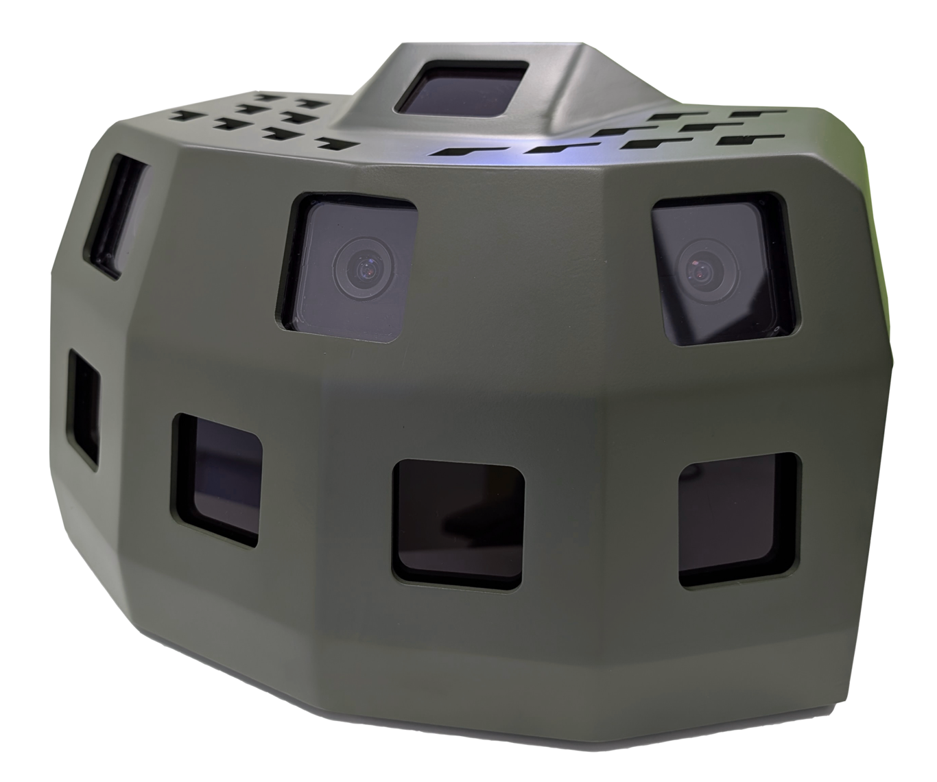 The image is of Rheinmetall's Skyblazer camera cluster unit in nato green. Configured with top attack sensor, CMes daylight sensor array (top row), and LWIR sensor array (bottom row)