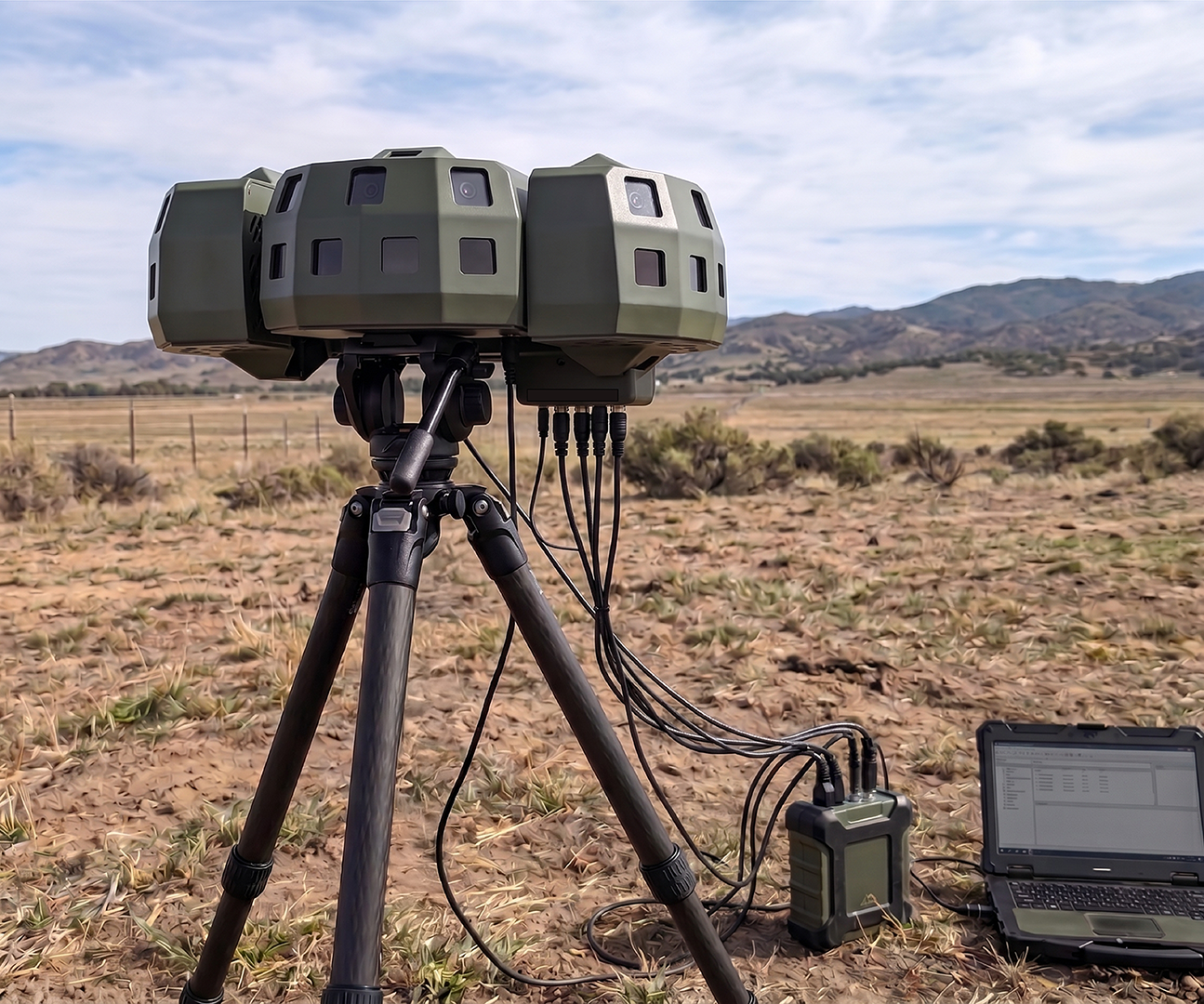 Rheinmetalls Skyblazer Weitbereichssensor auf einem Tripod – Beispielbild des Skyblazer in 360°-Ansicht auf KI-generiertem Hintergrund