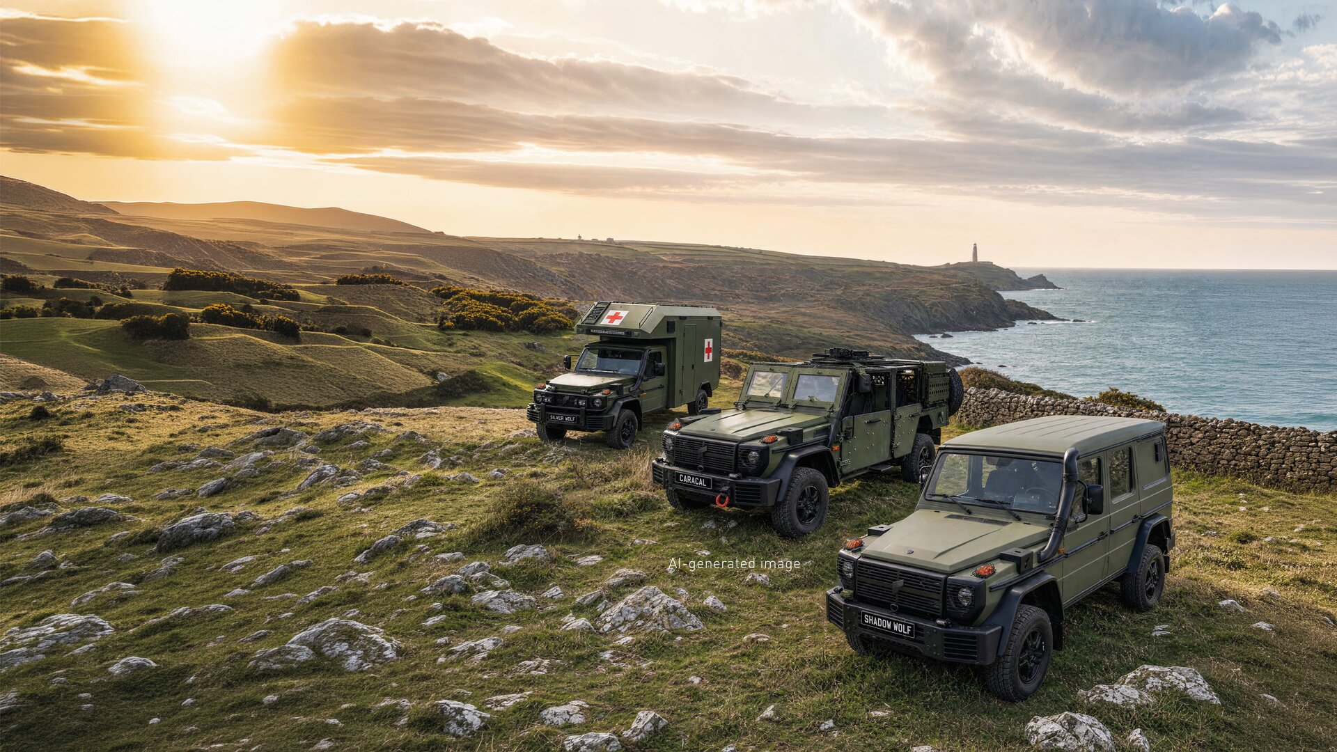 Three tactical off-road vehicles from the Rheinmetall Team Wolf family (including Caracal and Shadow Wolf) in green finish on a coastal cliff.