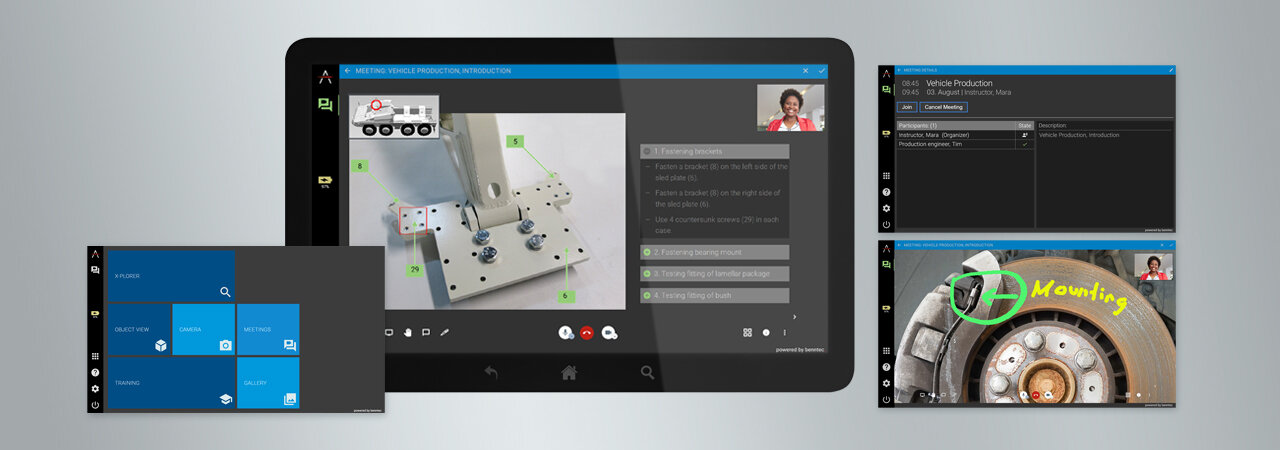 XERENAtrain: Tablet eines Auszubildenden mit Trainings- und Funktionsübersicht und Kurs-Sequenz mit einer Ausbilderin über Videokonferenz