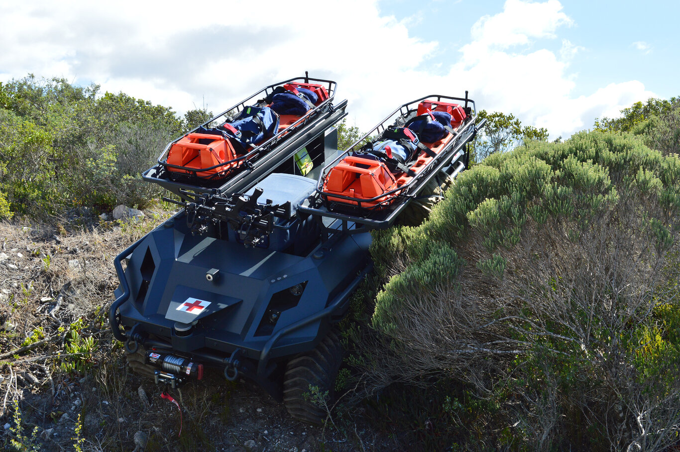 The UGV is amphibious and can reach a speed of 6 km/h in water. On land, the UGV travels at up to 40 km/h without a large additional load.