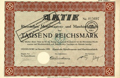 Rheinmetall-Aktie von 1928 über 1.000 Reichsmark